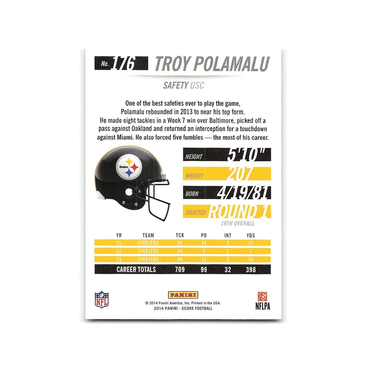Troy Polamalu 2014 Score #176 Pittsburgh Steelers Football Card NM