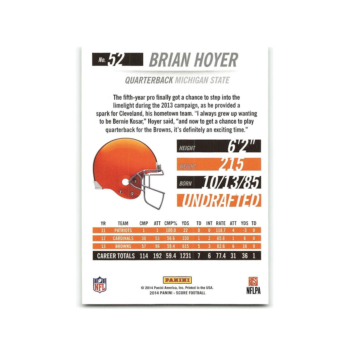Brian Hoyer 2014 Score #52 Cleveland Browns Football Card NM