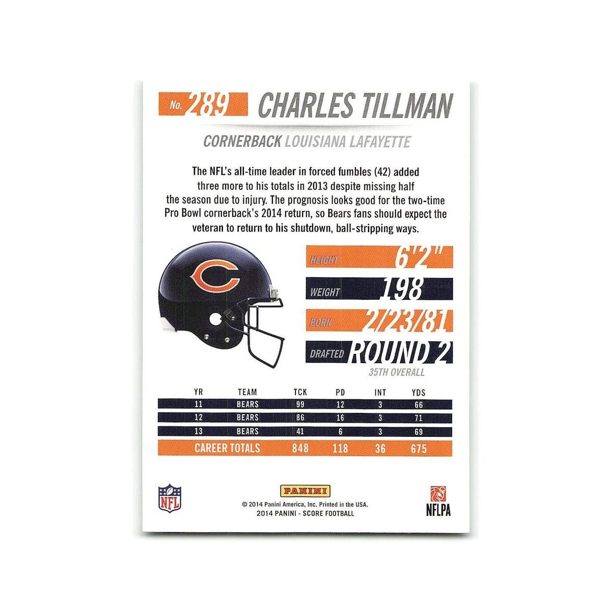 Charles Tillman 2014 Score #289 Chicago Bears Football Card NM