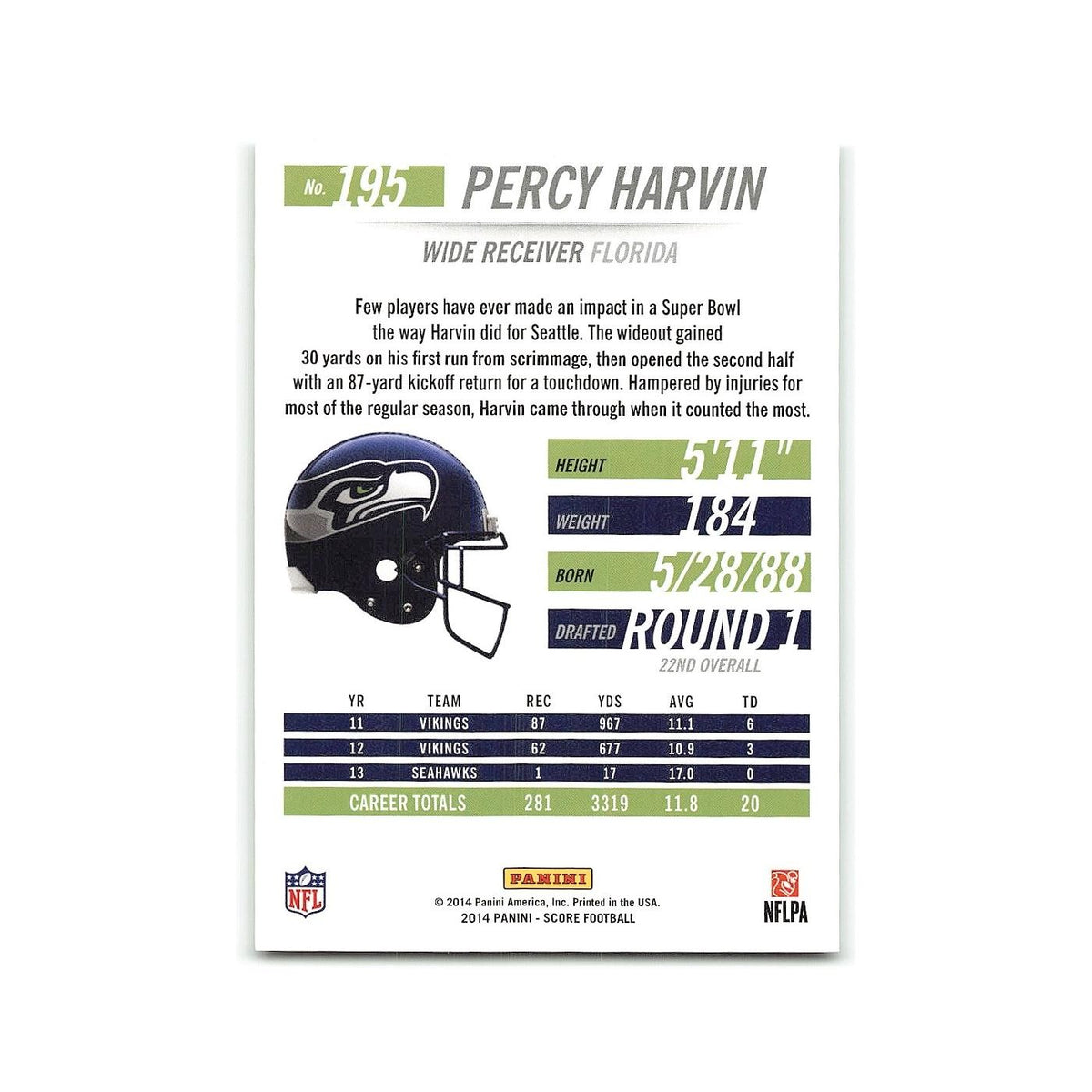 Percy Harvin 2014 Score #195 Seattle Seahawks Football Card NM