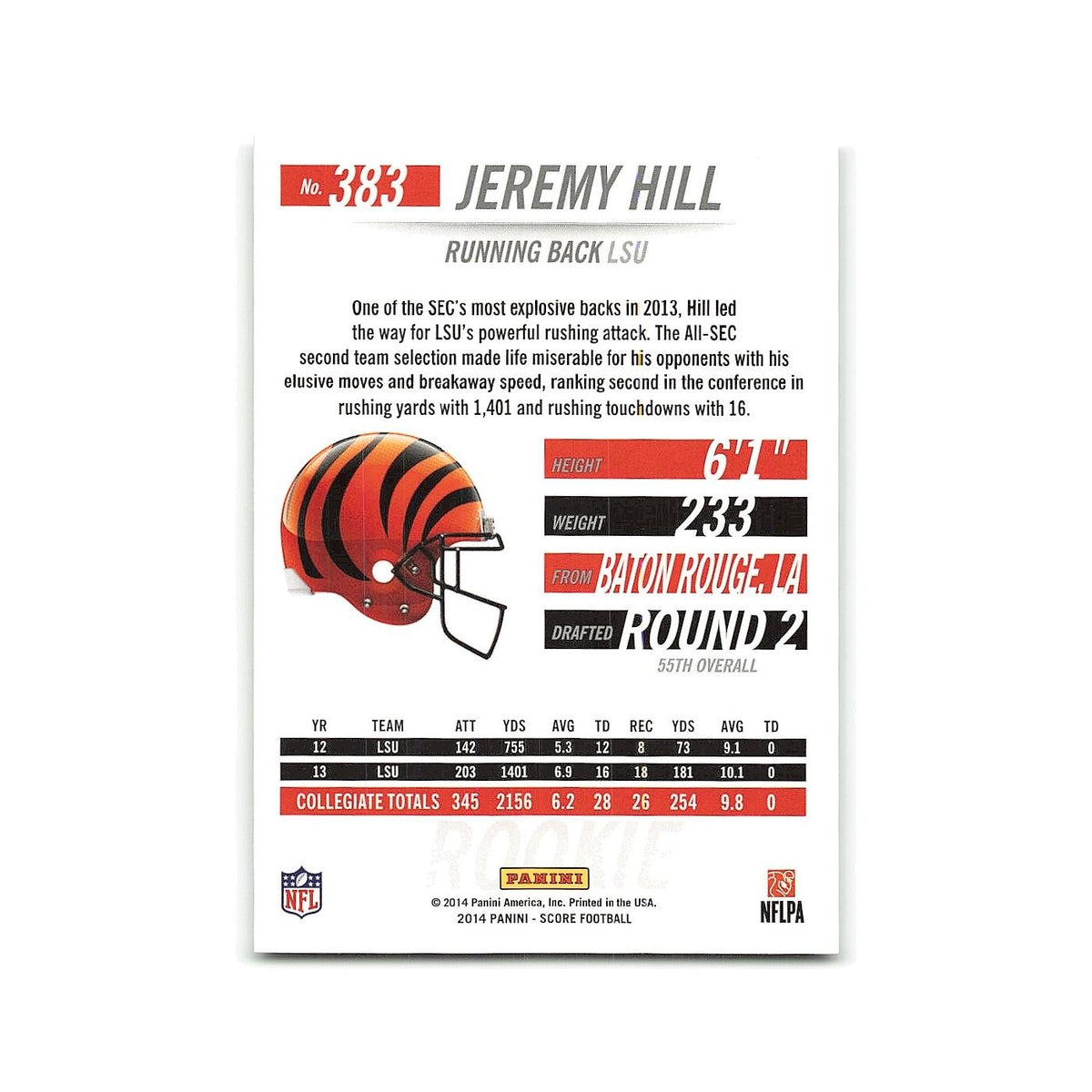 Jeremy Hill Rookie 2014 Score #383 Cincinnati Bengals Football Card NM