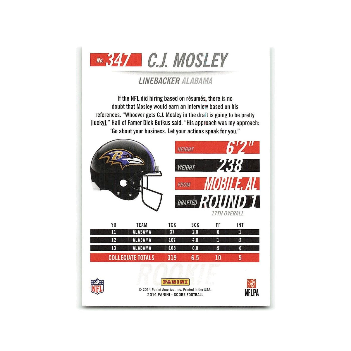 C.J. Mosley Rookie 2014 Score #347 Baltimore Ravens Football Card NM