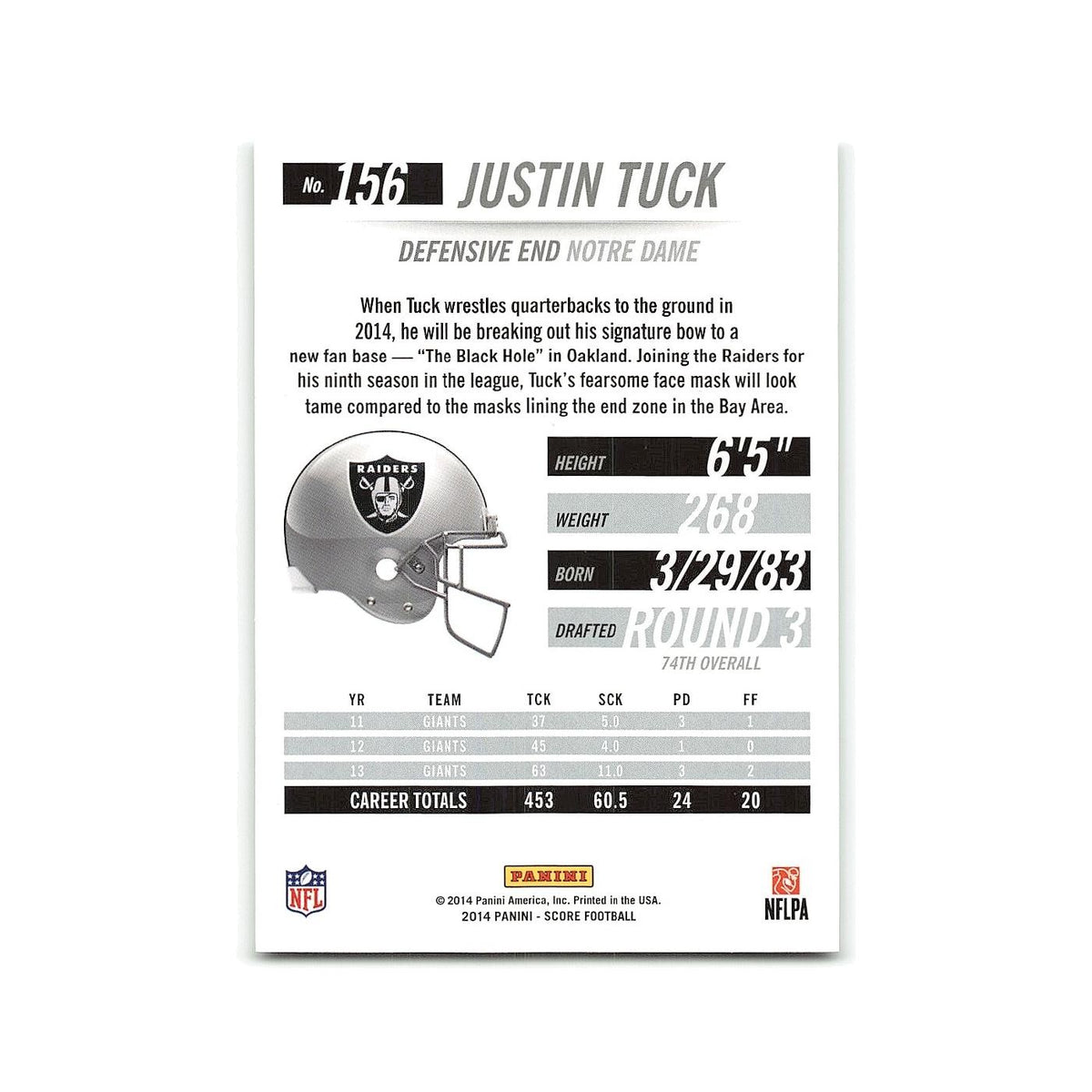 Justin Tuck 2014 Score #156 Oakland Raiders Football Card NM