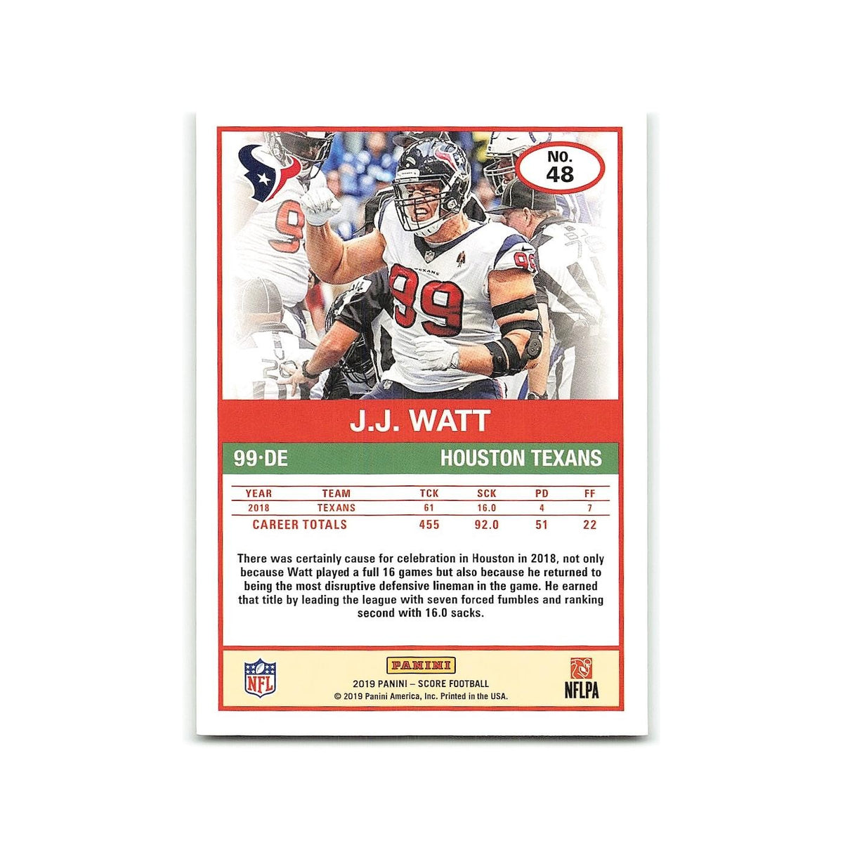 J.J. Watt 2019 Score #48 Houston Texans Football Card NM