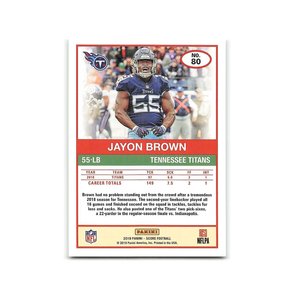 Jayon Brown 2019 Score #80 Tennessee Titans Football Card NM