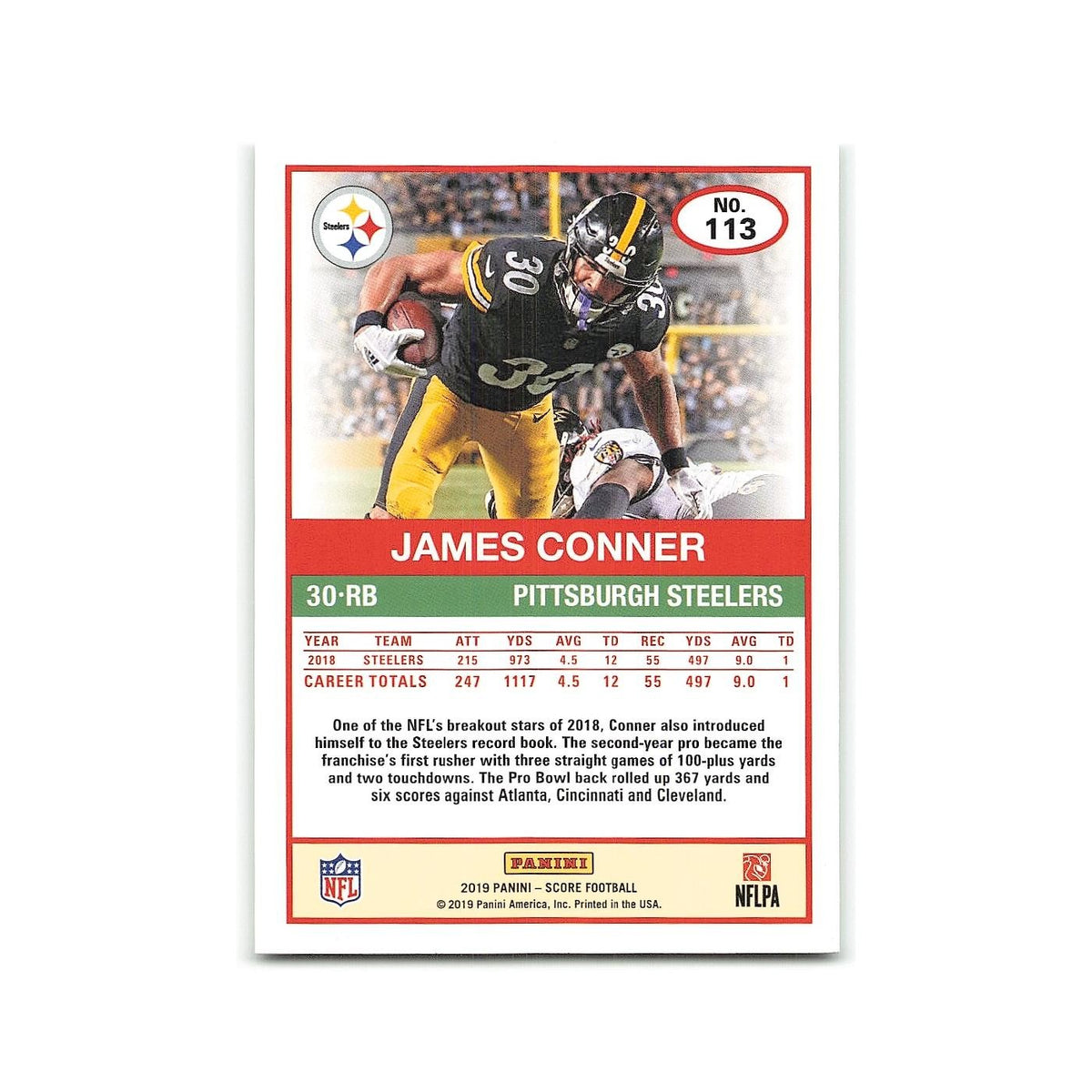 James Conner 2019 Score #113 Pittsburgh Steelers Football Card NM