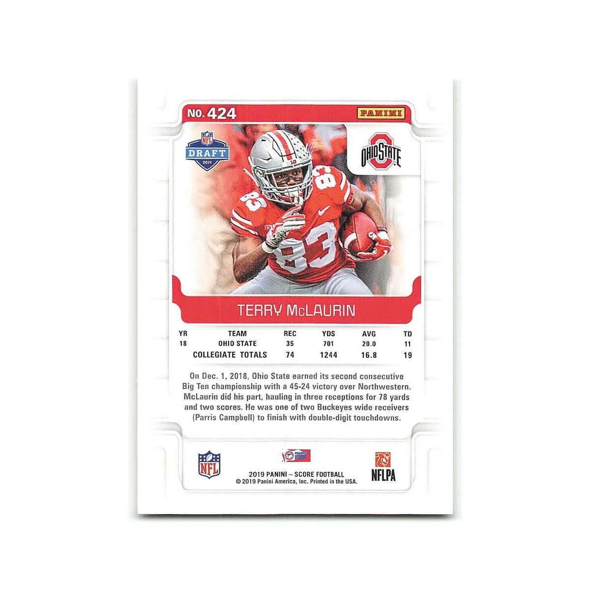 Terry McLaurin Rookie 2019 Score #424 Ohio State Buckeyes Football Card NM