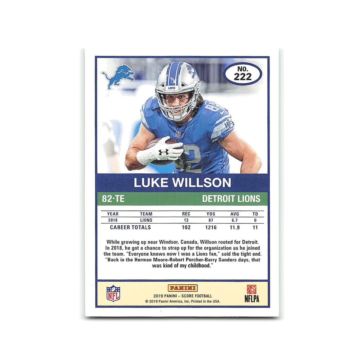 Luke Willson 2019 Score #222 Detroit Lions Football Card NM