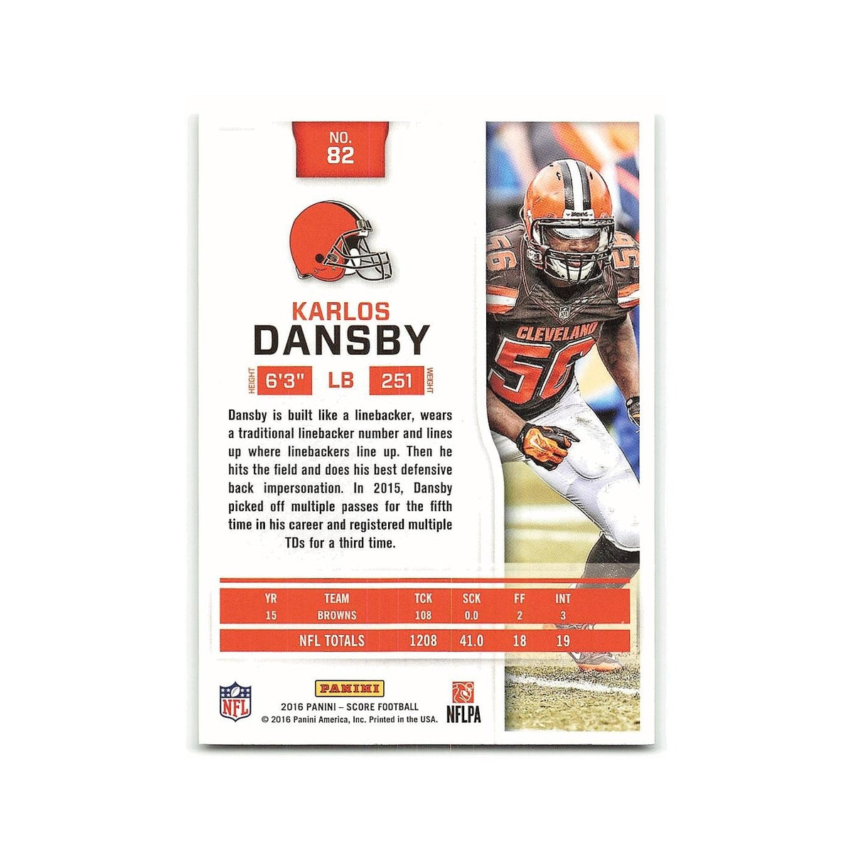 Karlos Dansby 2016 Score #82 Cleveland Browns Football Card NM