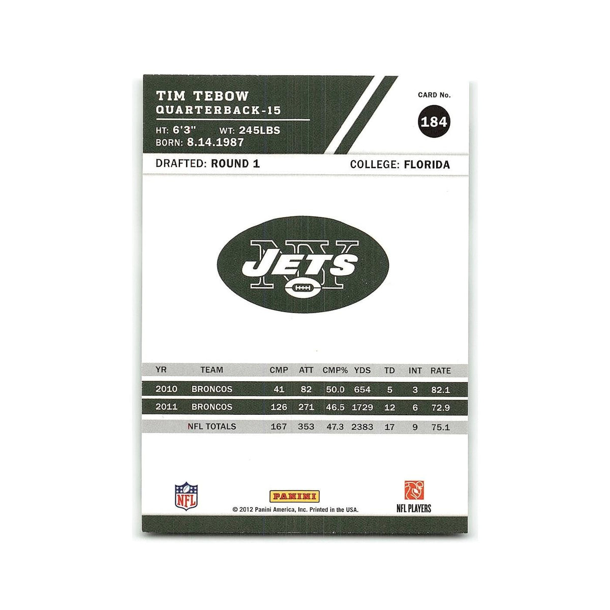 Tim Tebow 2012 Score #184 New York Jets Football Card NM