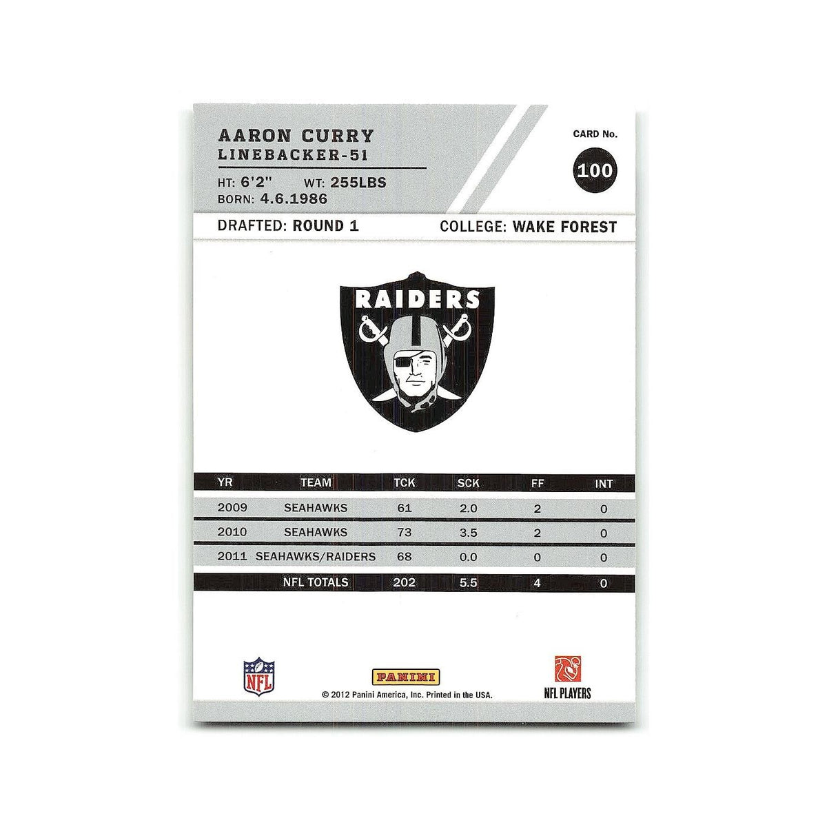 Aaron Curry 2012 Score #100 Oakland Raiders Football Card NM