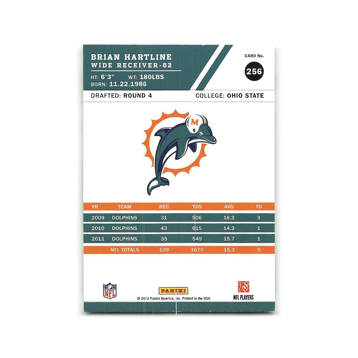 Brian Hartline 2012 Score #256 Miami Dolphins Football Card NM