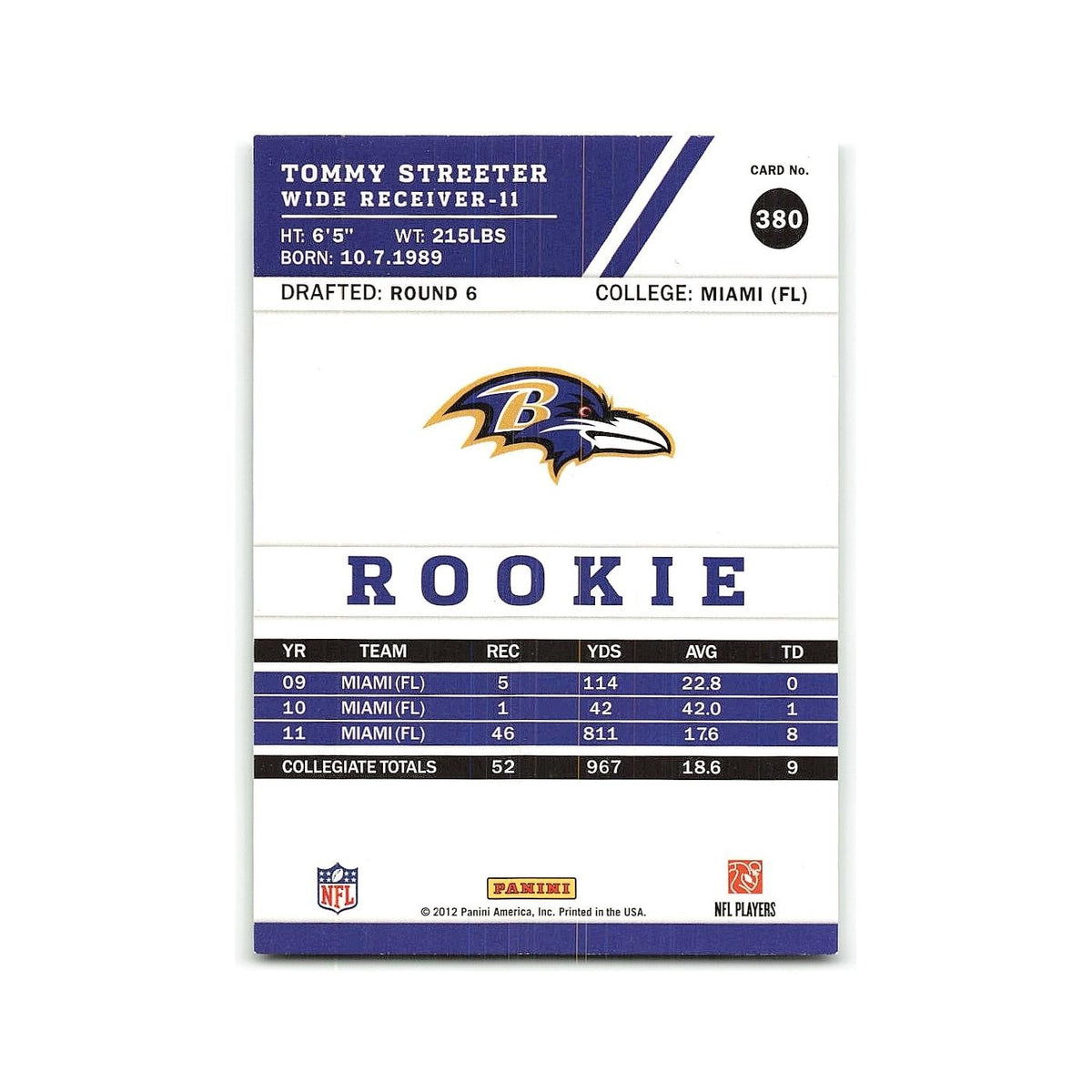 Tommy Streeter Rookie 2012 Score #380 Baltimore Ravens Football Card NM
