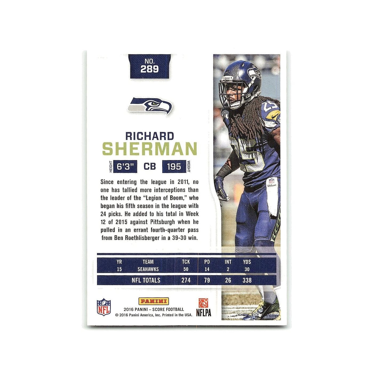 Richard Sherman 2016 Score #289 Seattle Seahawks Football Card NM