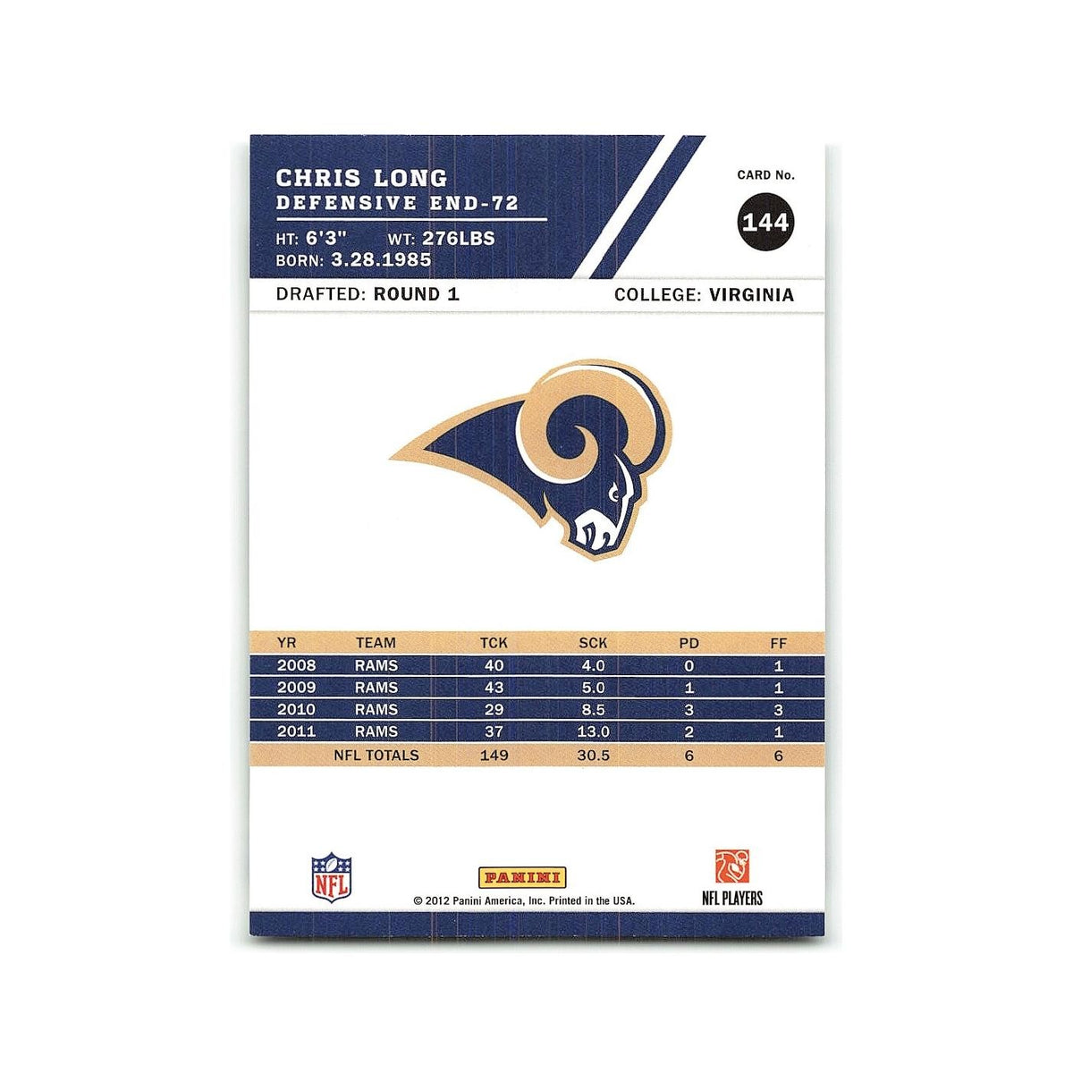 Chris Long 2012 Score #144 St. Louis Rams Football Card NM