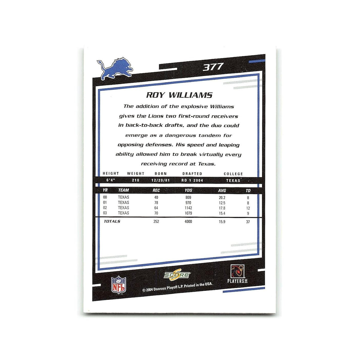 Roy Williams Rookie 2004 Score #377 Detroit Lions Football Card NM