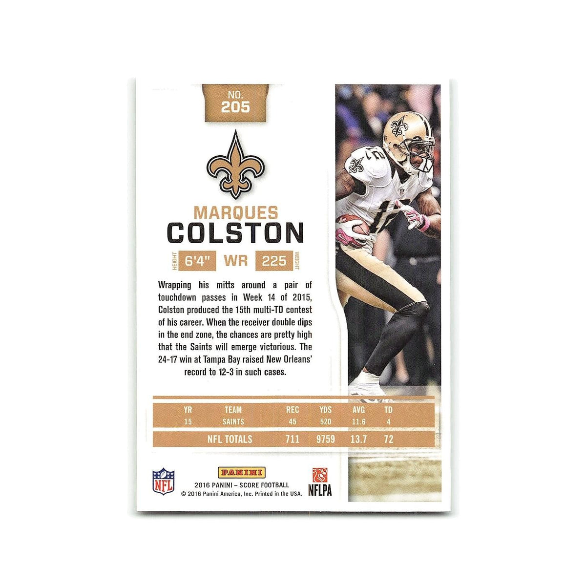 Marques Colston 2016 Score #205 New Orleans Saints Football Card NM