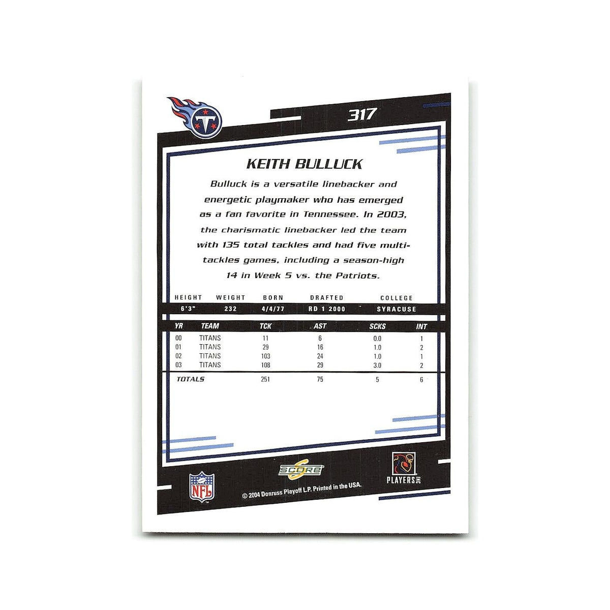 Keith Bulluck 2004 Score #317 Tennessee Titans Football Card NM