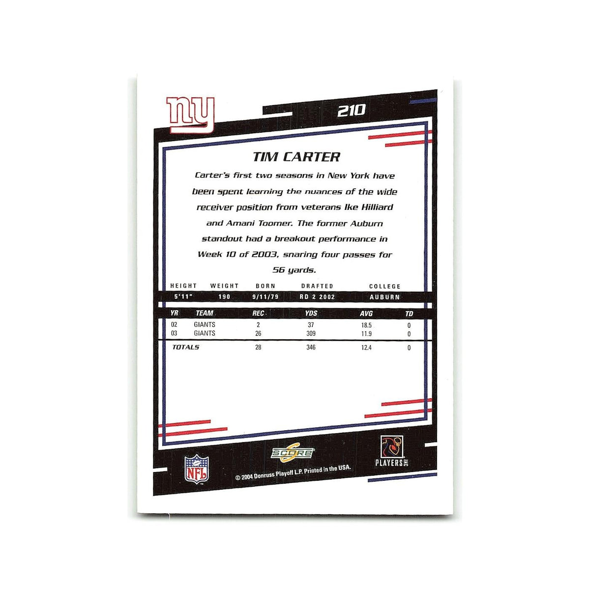 Tim Carter 2004 Score #210 New York Giants Football Card NM