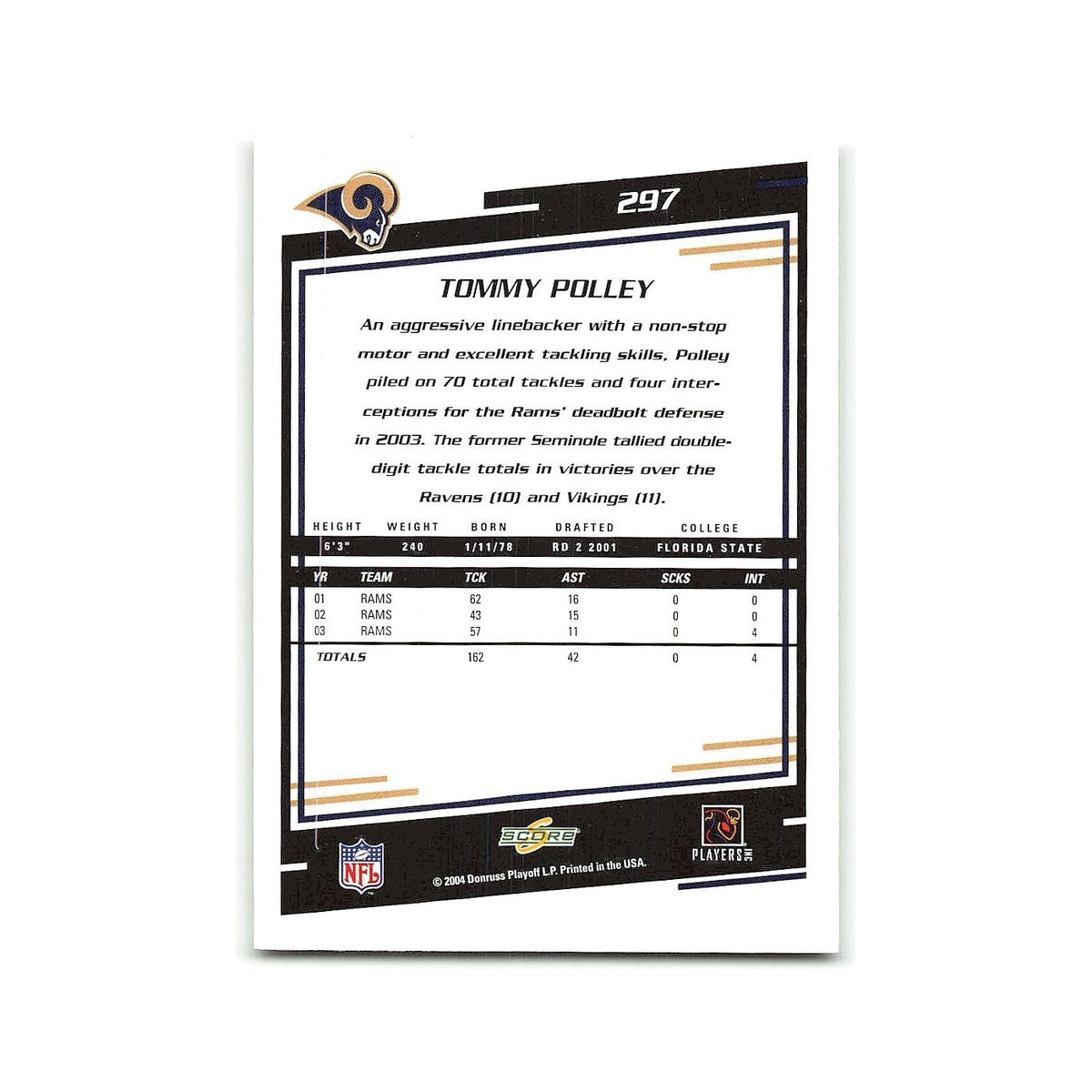 Tommy Polley 2004 Score #297 St. Louis Rams Football Card NM