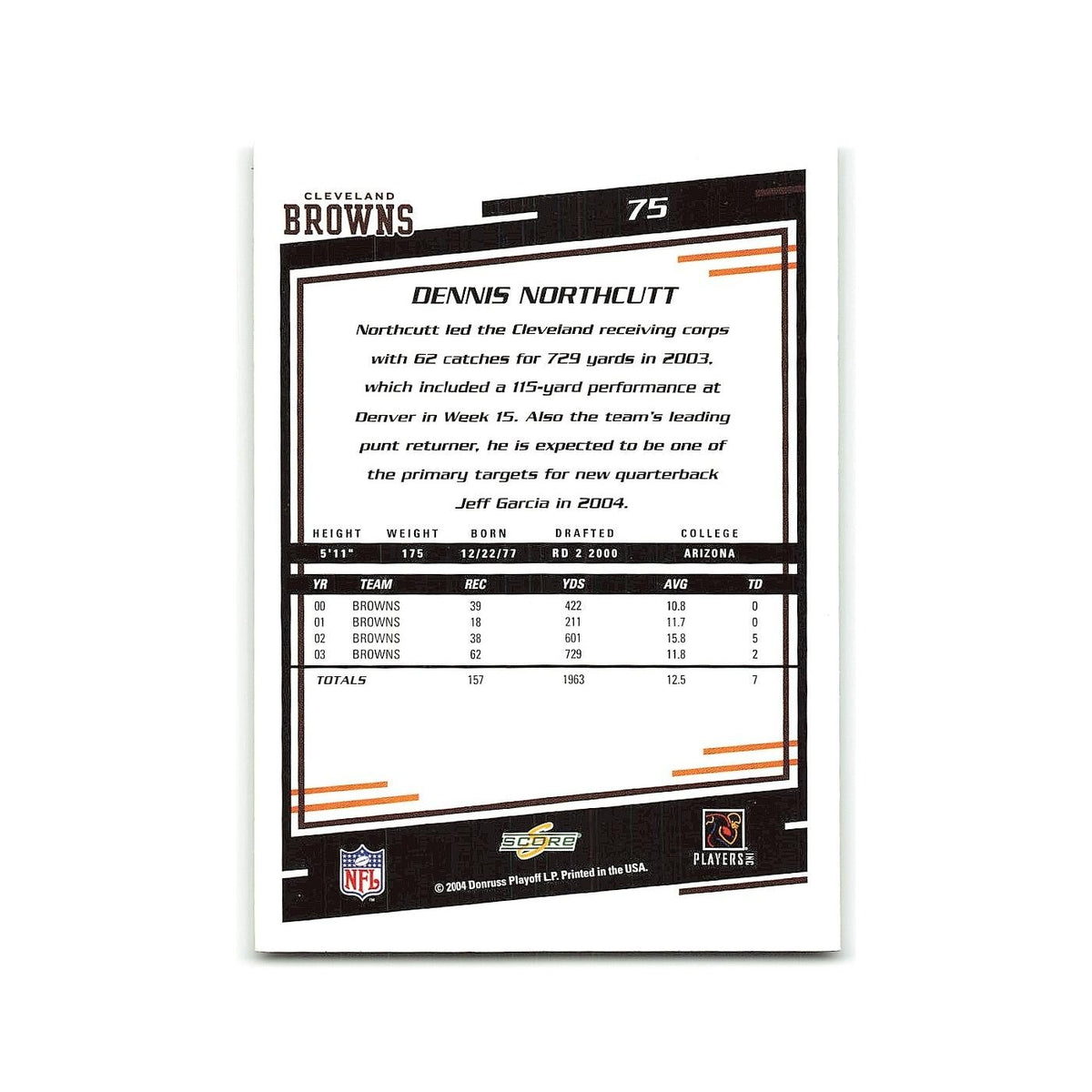 Dennis Northcutt 2004 Score #75 Cleveland Browns Football Card NM