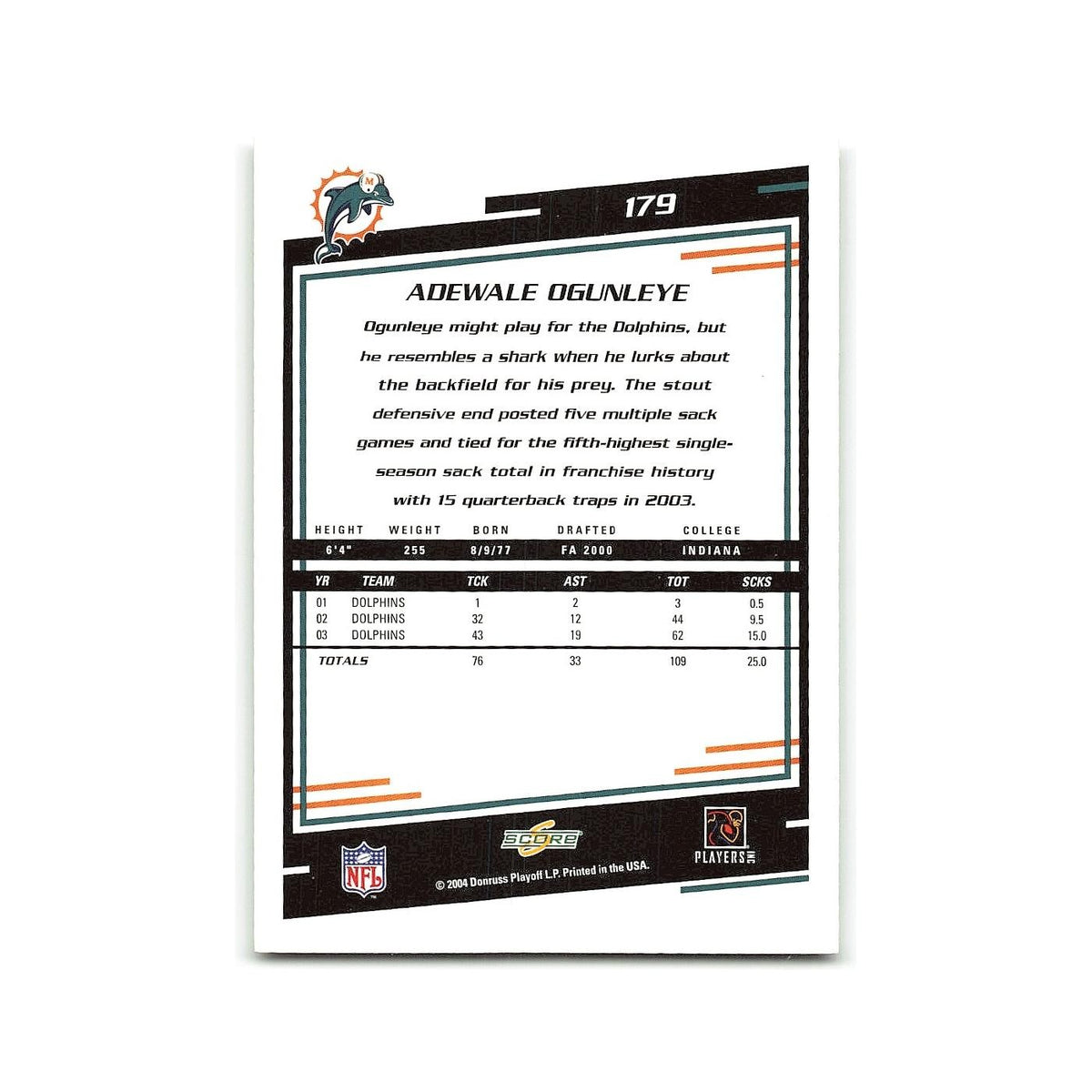 Adewale Ogunleye 2004 Score #179 Miami Dolphins Football Card NM