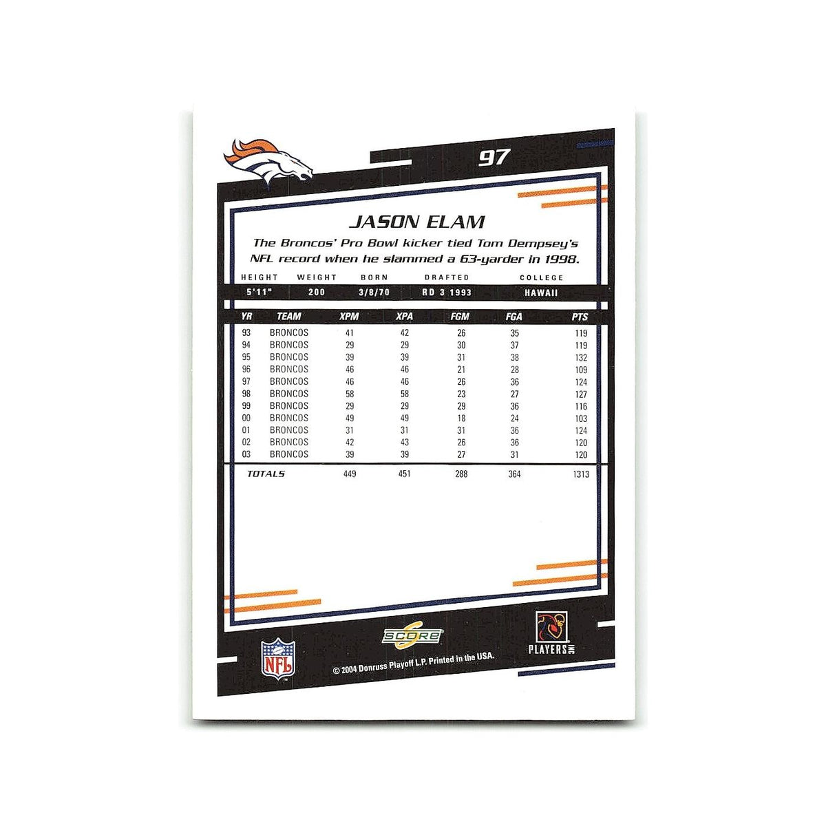 Jason Elam 2004 Score #97 Denver Broncos Football Card NM