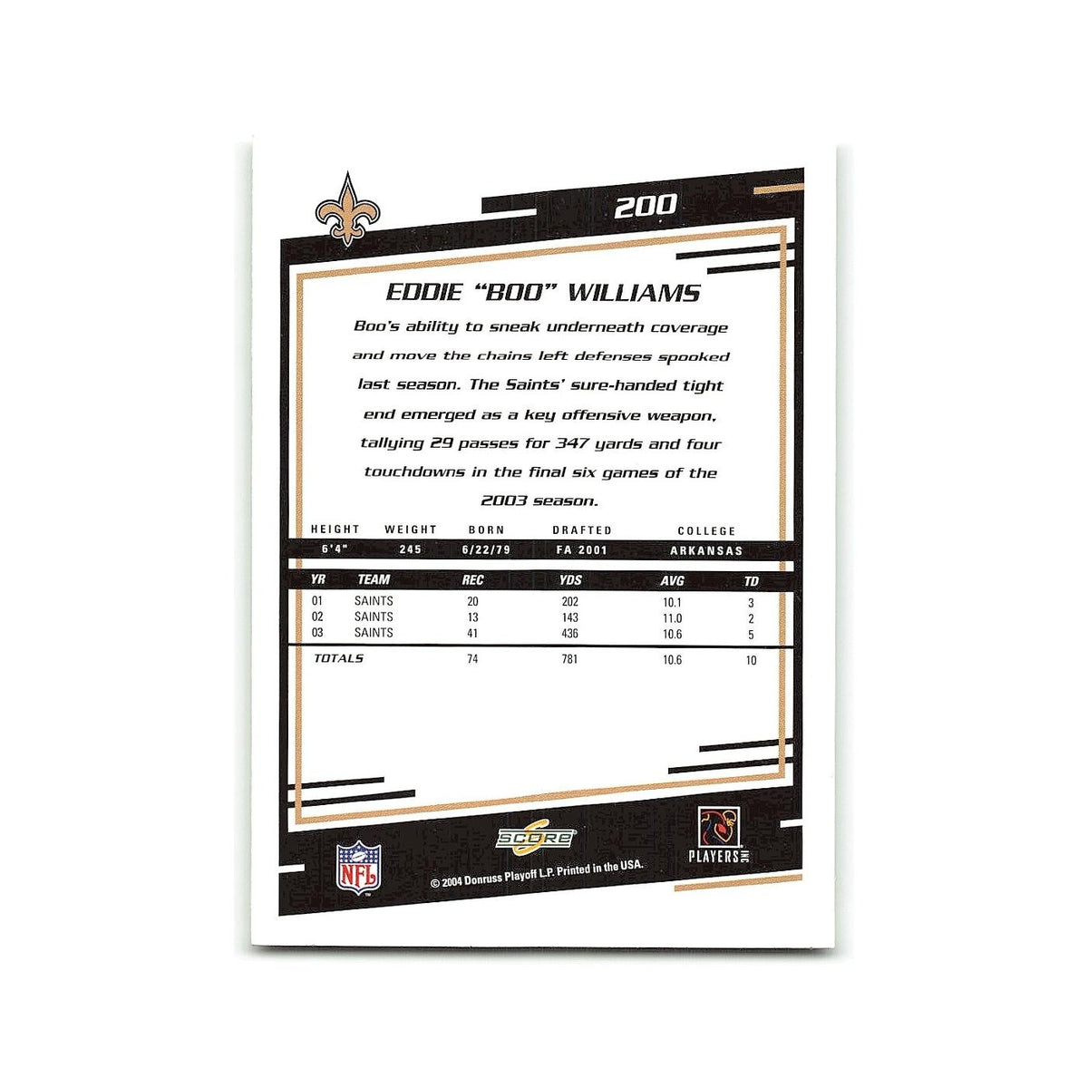 Boo Williams 2004 Score #200 New Orleans Saints Football Card NM