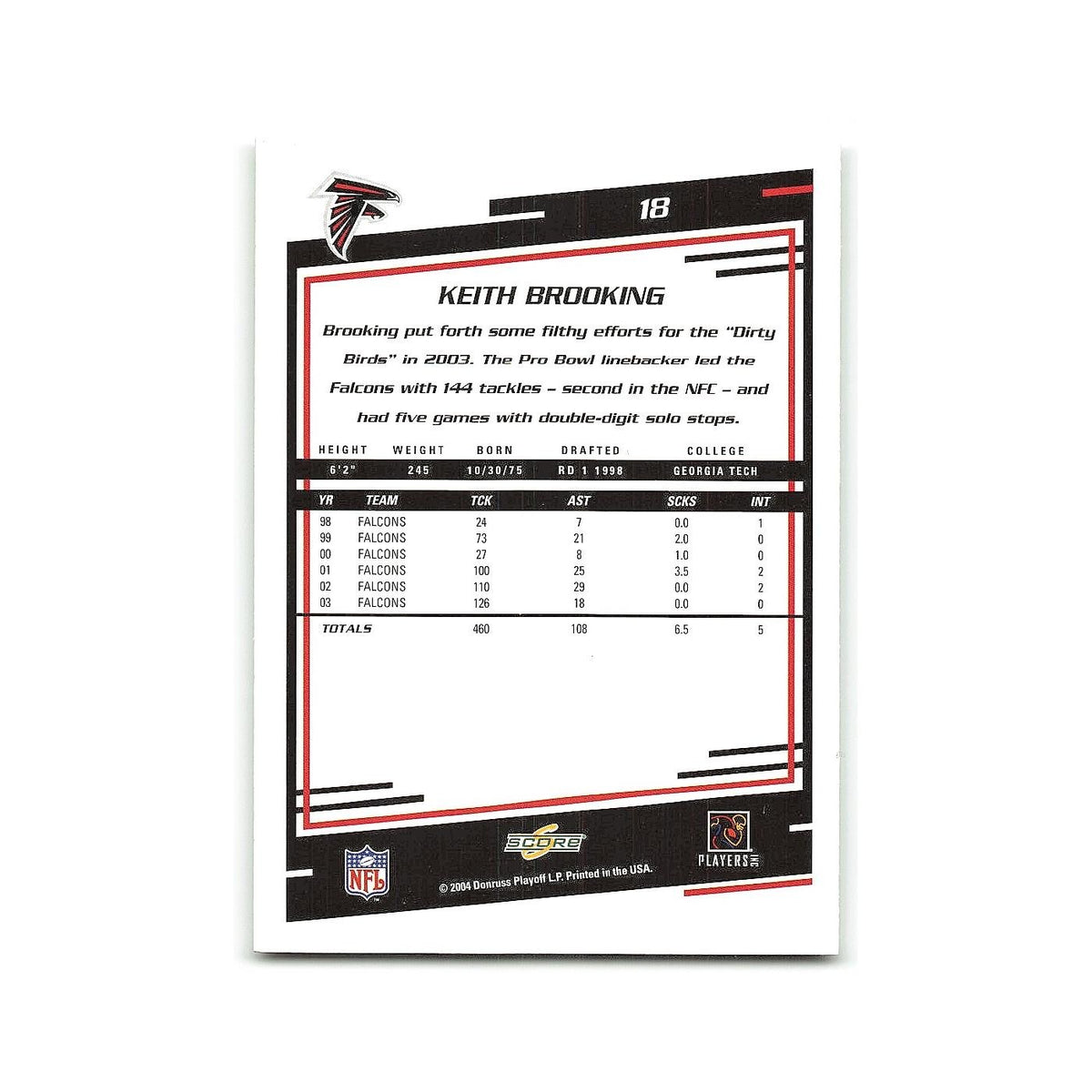 Keith Brooking 2004 Score #18 Atlanta Falcons Football Card NM