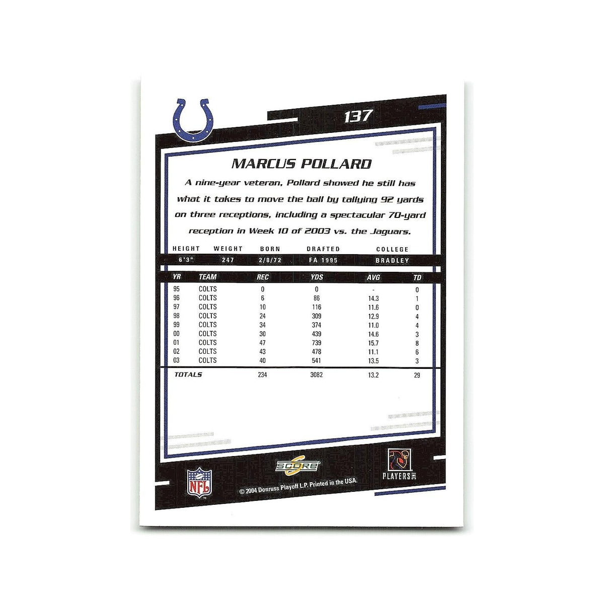 Marcus Pollard 2004 Score #137 Indianapolis Colts Football Card NM