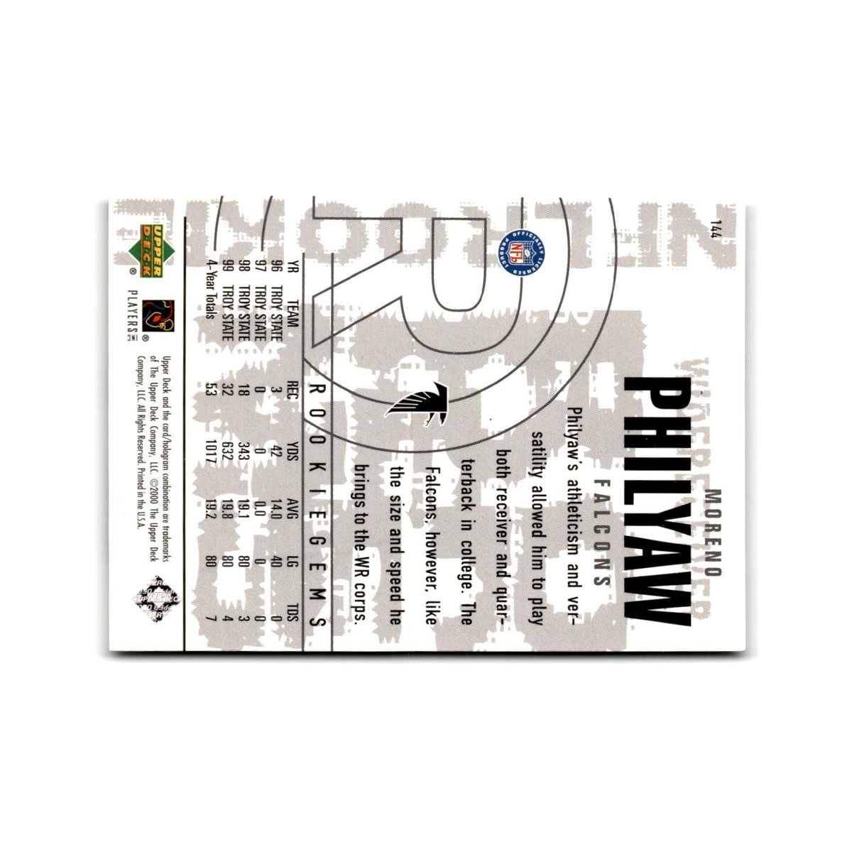 Mareno Philyaw Rookie 2000 Upper Deck Black Diamond #144 Atlanta Falcons NM