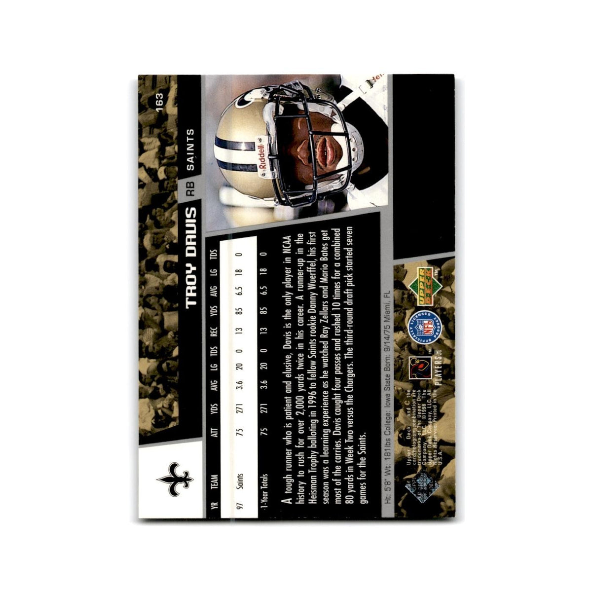 Troy Davis 1998 Upper Deck #163 New Orleans Saints Football Card NM