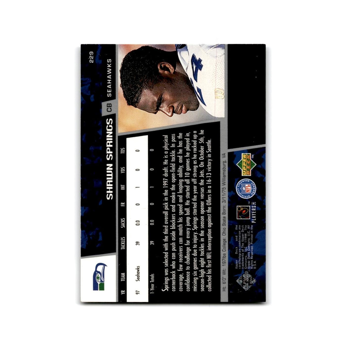 Shawn Springs 1998 Upper Deck #229 Seattle Seahawks Football Card NM