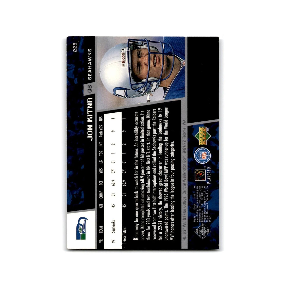 Jon Kitna 1998 Upper Deck #225 Seattle Seahawks Football Card NM