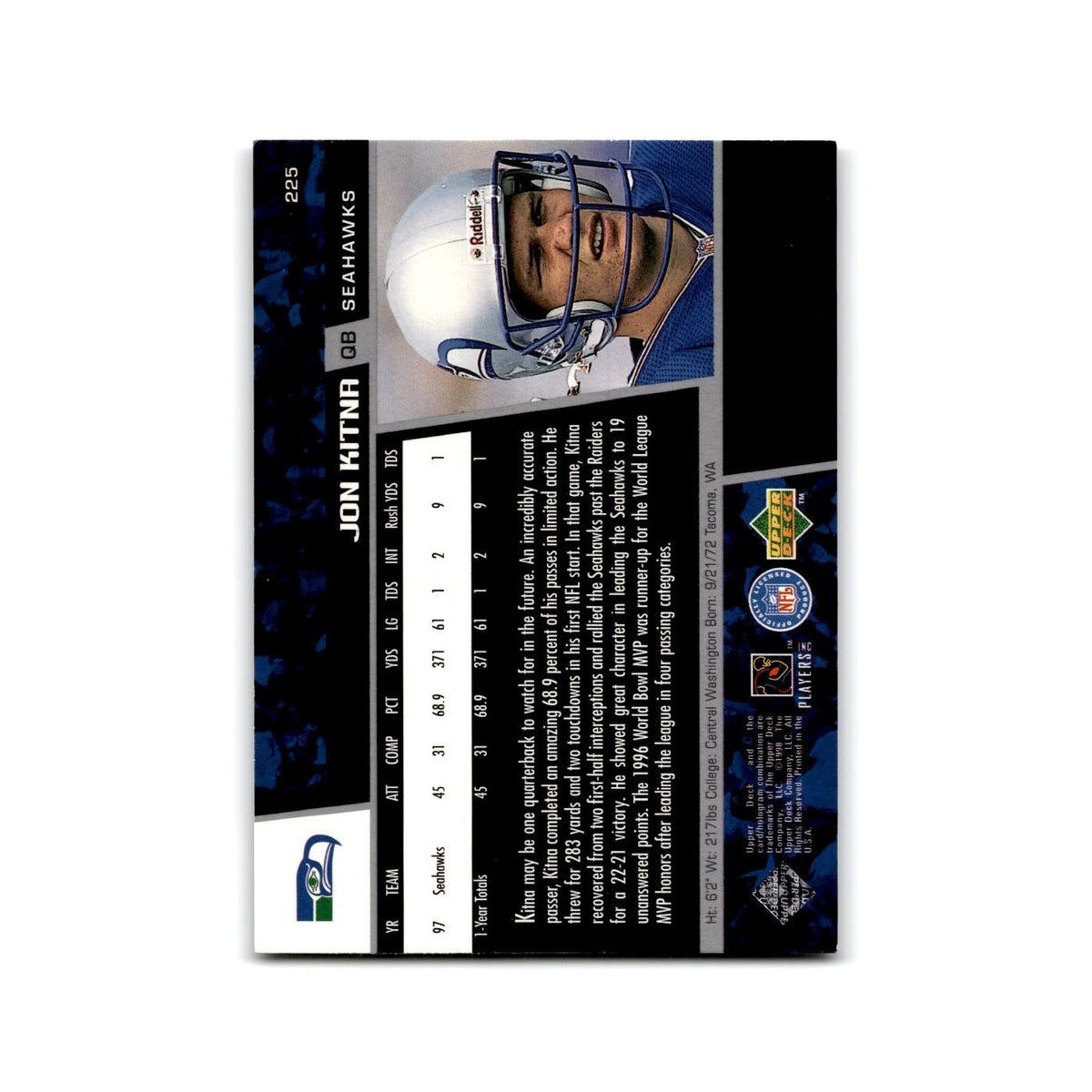 Jon Kitna 1998 Upper Deck #225 Seattle Seahawks Football Card NM
