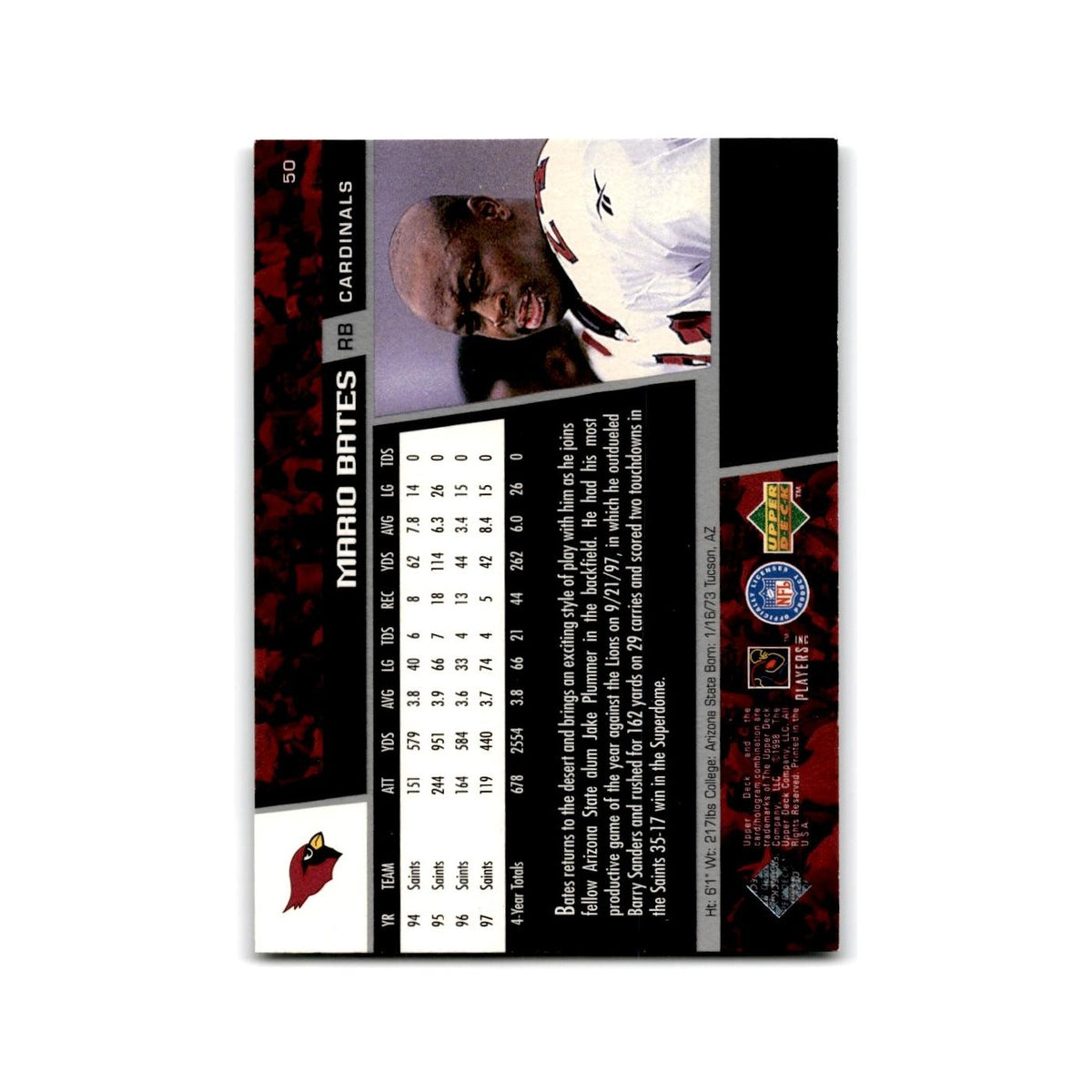 Mario Bates 1998 Upper Deck #50 Arizona Cardinals Football Card NM
