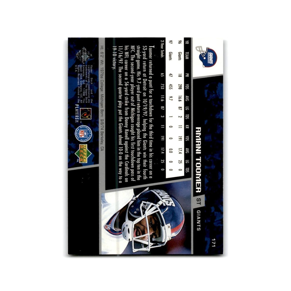 Amani Toomer 1998 Upper Deck #171 New York Giants Football Card NM