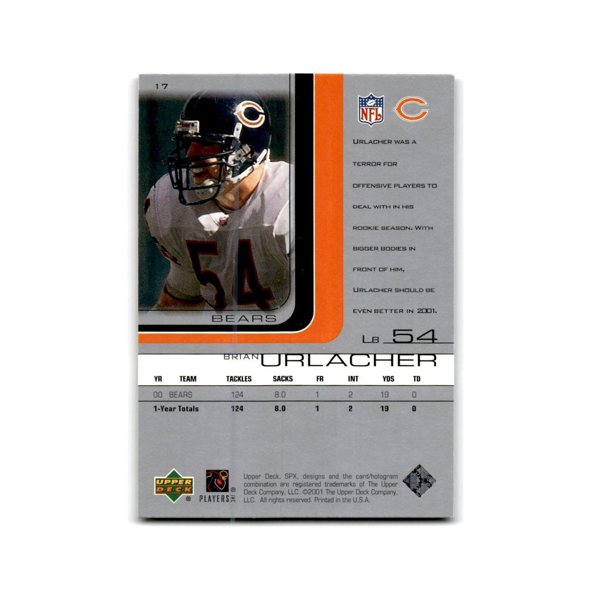 Brian Urlacher 2001 SPx #17 Chicago Bears Football Card NM