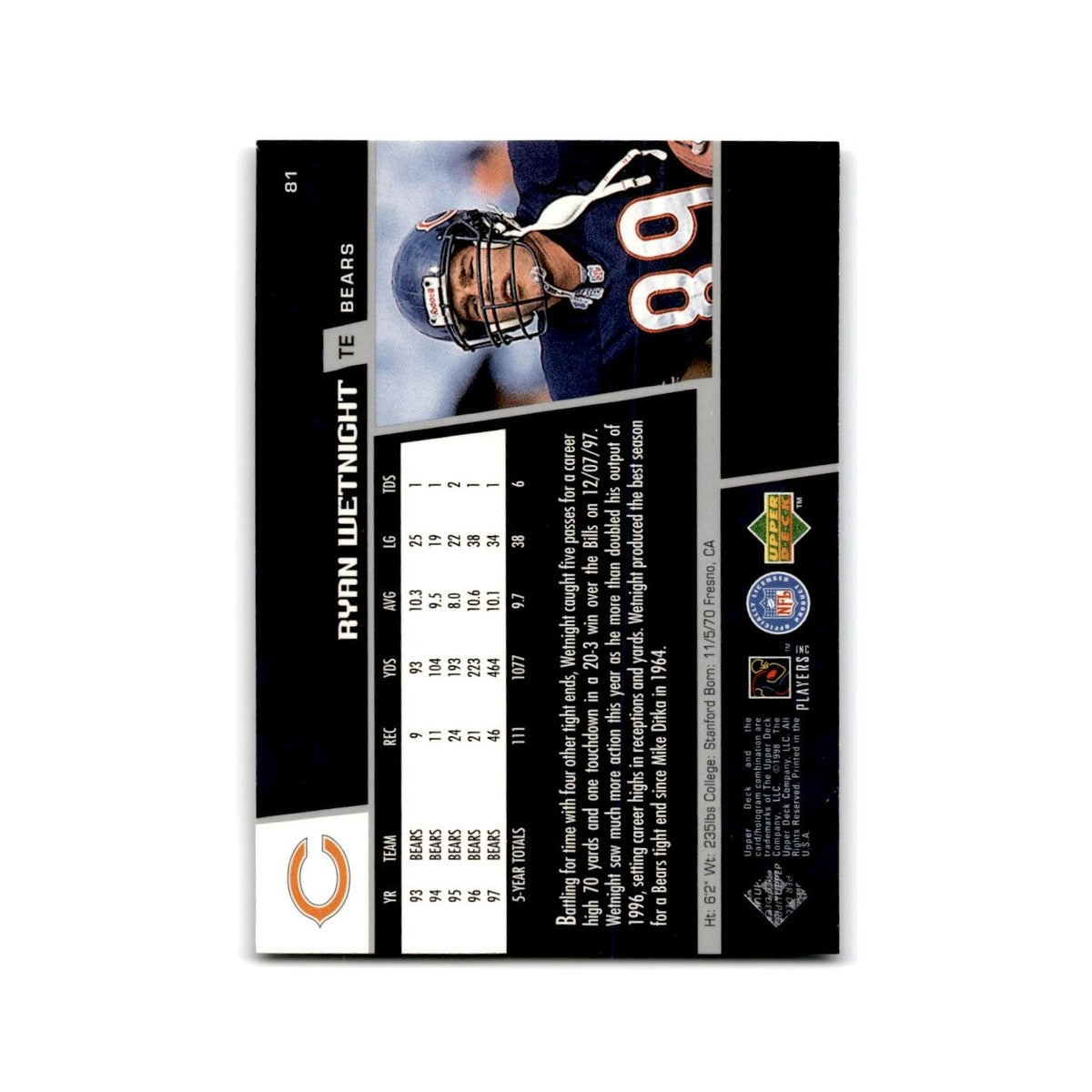 Ryan Wetnight Rookie 1998 Upper Deck Game Day #81 Chicago Bears Football Card NM