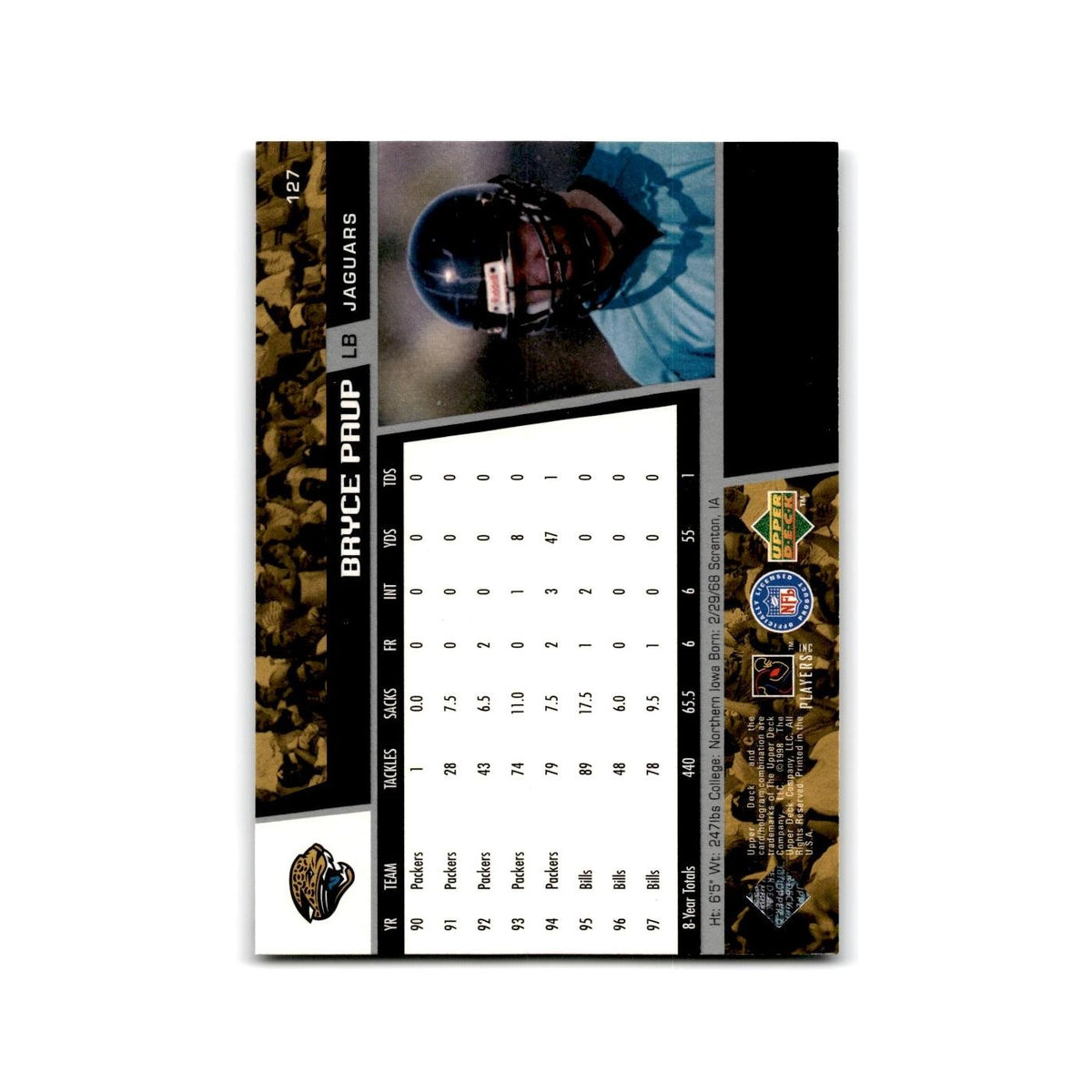 Bryce Paup 1998 Upper Deck #127 Jacksonville Jaguars Football Card NM