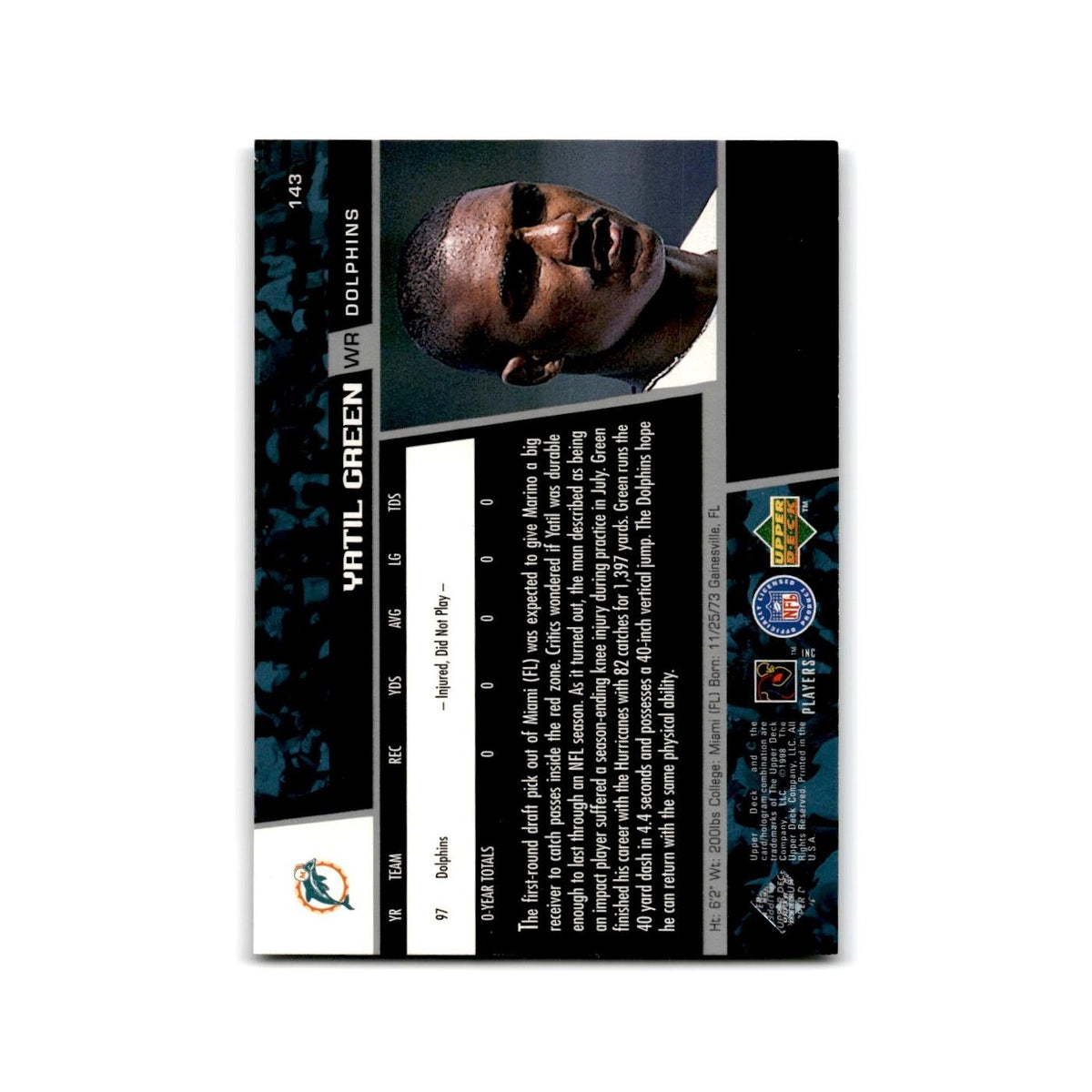 Yatil Green 1998 Upper Deck #143 Miami Dolphins Football Card NM