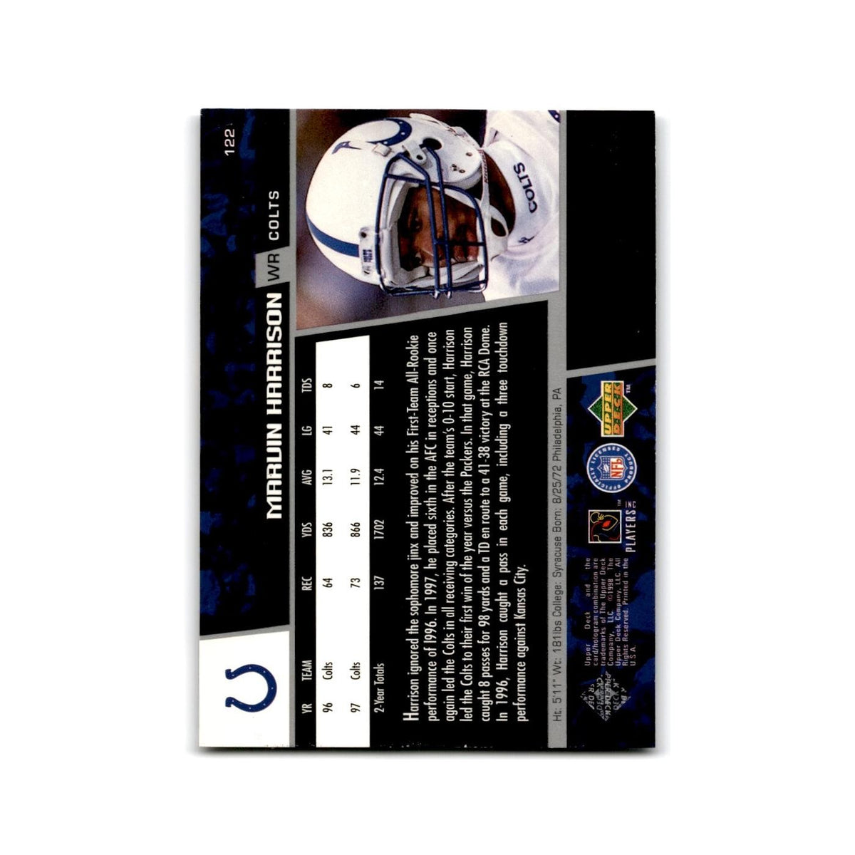 Marvin Harrison 1998 Upper Deck #122 Indianapolis Colts Football Card NM