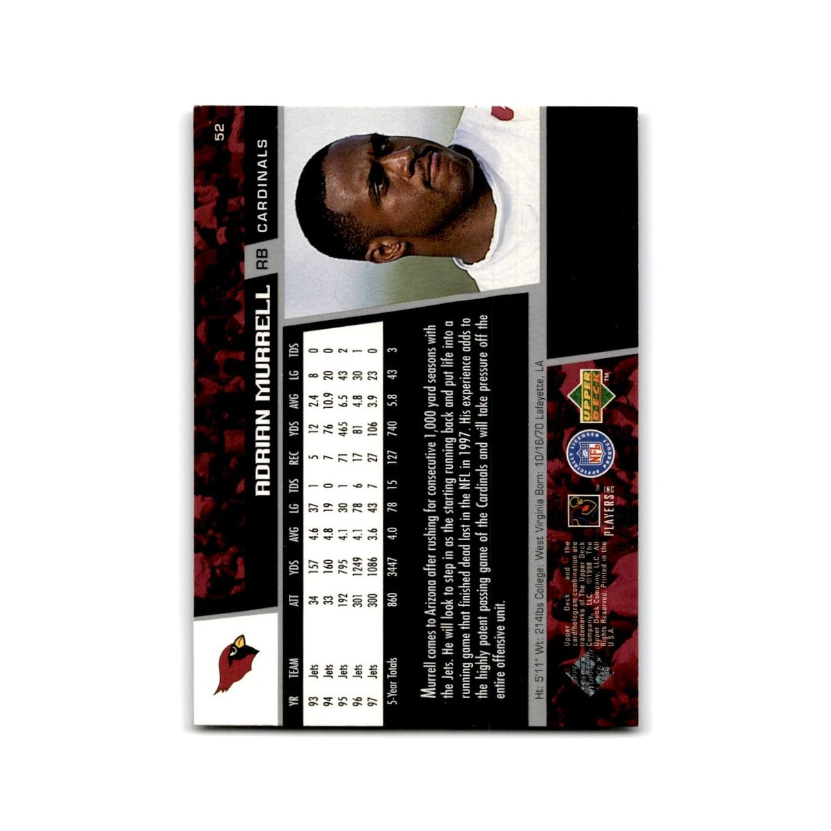 Adrian Murrell 1998 Upper Deck #52 Arizona Cardinals Football Card NM