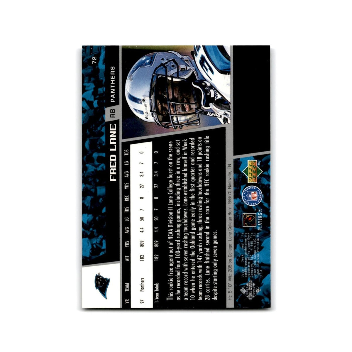 Fred Lane 1998 Upper Deck #72 Carolina Panthers Football Card NM