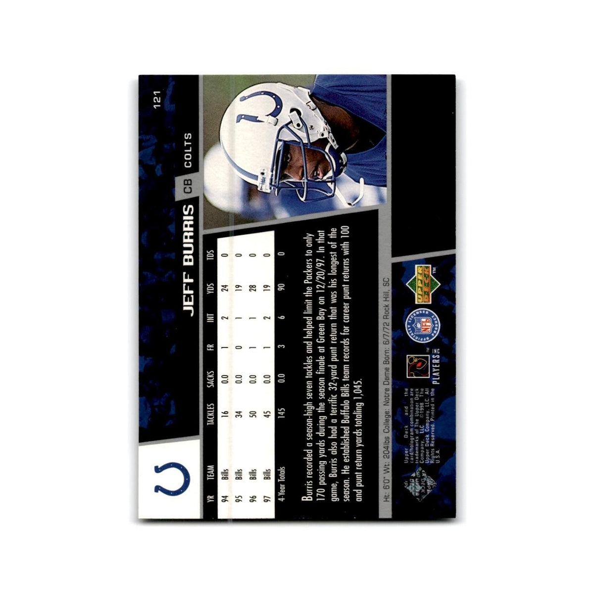 Jeff Burris 1998 Upper Deck #121 Indianapolis Colts Football Card NM