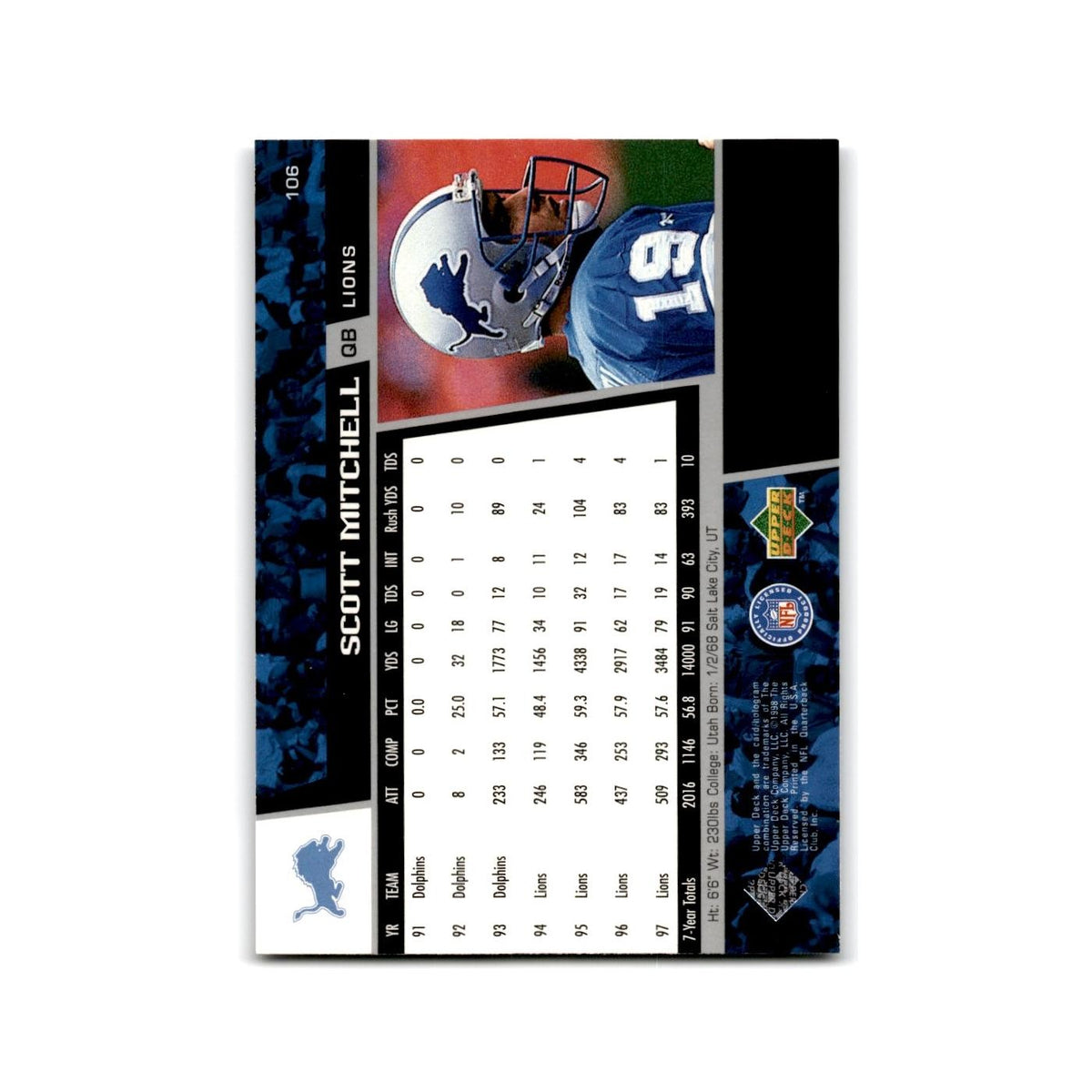 Scott Mitchell 1998 Upper Deck #106 Detroit Lions Football Card NM