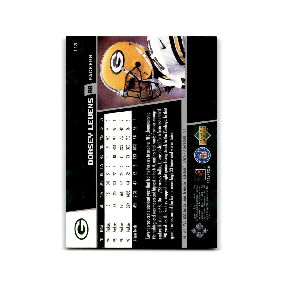 Dorsey Levens 1998 Upper Deck Game Day #113 Green Bay Packers Football Card NM