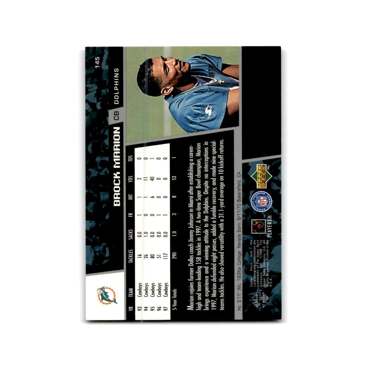 Brock Marion 1998 Upper Deck #145 Miami Dolphins Football Card NM
