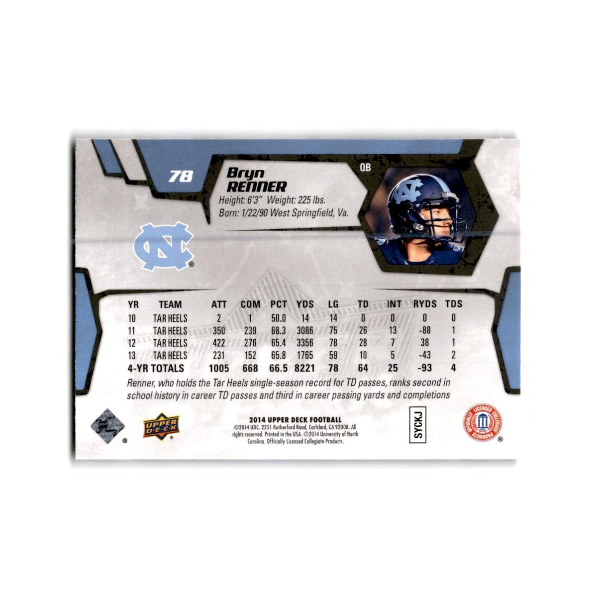 Bryn Renner Rookie 2014 Upper Deck #78 North Carolina Tar Heels Football Card NM