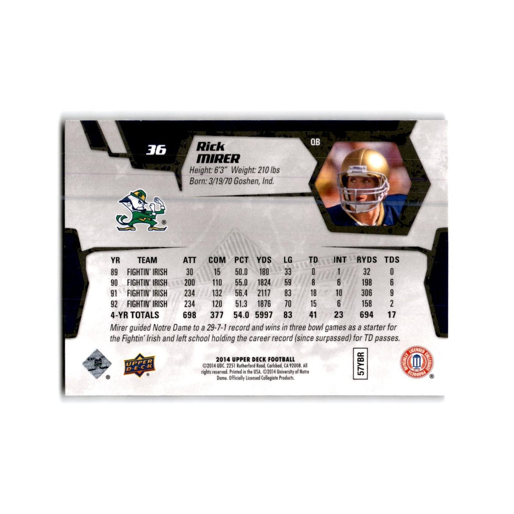 Rick Mirer 2014 Upper Deck #36 Notre Dame Fighting Irish Football Card NM
